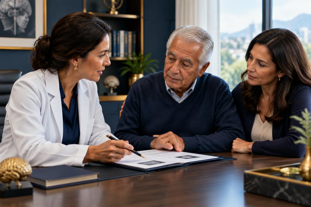 Médica conversando com paciente idoso e familiar em consulta