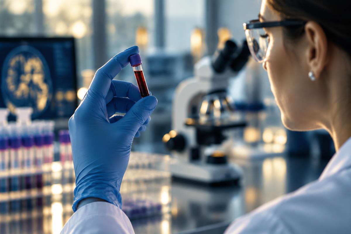 Profissional de laboratório analisando uma amostra de sangue