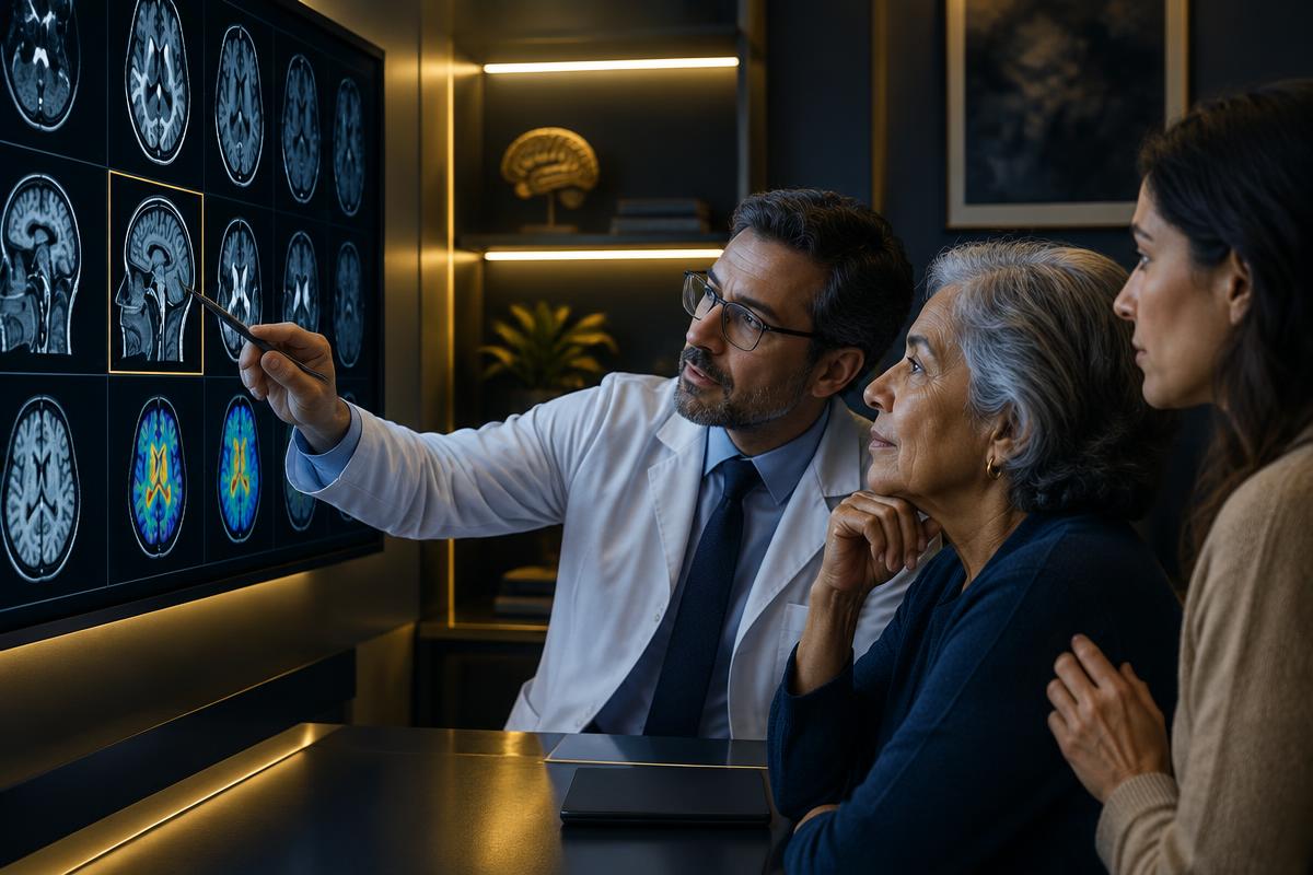 Médico avaliando exames cerebrais com paciente e familiar