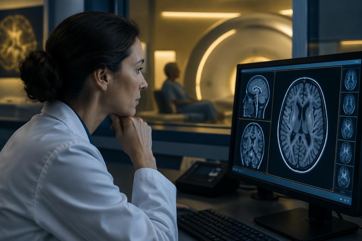 Médica analisando imagens de ressonância magnética cerebral